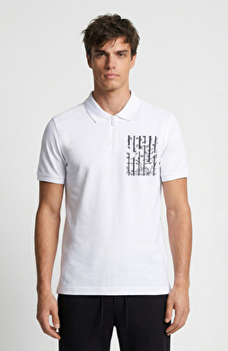 Beyaz Süs Cep Baskı Detaylı Pike T-shirt