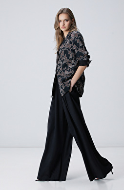 Siyah Pile Detaylı Keten Karışımlı Pantolon