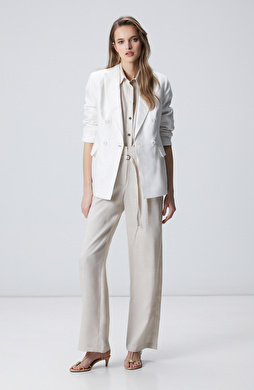 Beige Melange Belt Detailed Linen Trousers