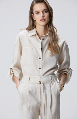 N-Green Beige Melange Linen Shirt