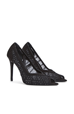 Black Mesh Fabric Detailed High Heels