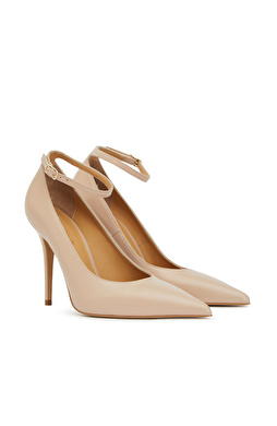 Nude Bantlı Deri Topuklu Ayakkabı
