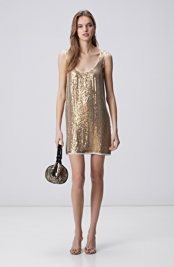 Gold Payetli Abiye Elbise