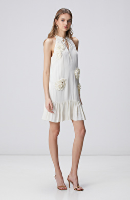 Kırık Beyaz Dik Yaka Abiye Elbise