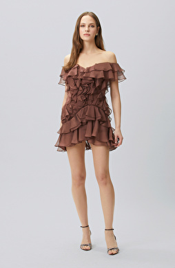 Kahverengi Volanlı Mini Abiye Elbise