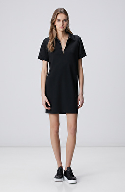 Siyah Kısa Kol Polo Yaka Mini Boy Örme Elbise