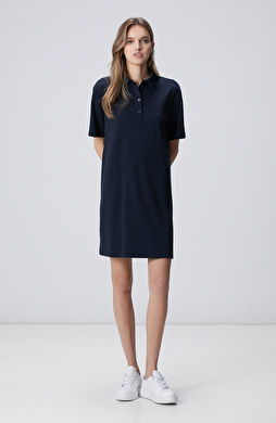 Lacivert Polo Yaka Yırtmaç Detaylı Örme Elbise