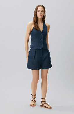 Navy Blue Double Leg Linen Shorts