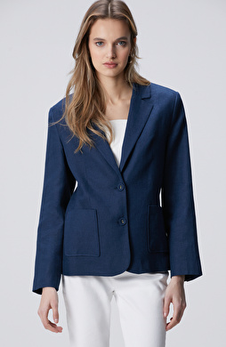 Lacivert Torba Cep Detaylı Keten Ceket