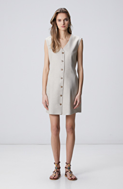 Naturel Diz Boy Keten Karışımlı Elbise
