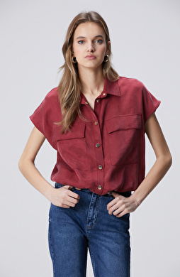 Vişne Çift Cep Detaylı Çıtçıtlı Gömlek