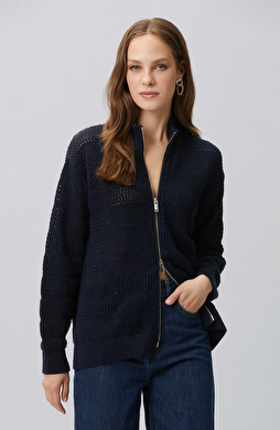 Navy Blue Silvery Openwork Cardigan