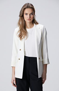 Beyaz Açık Kruvaze Kol Ucu Desenli Astarlı Ceket