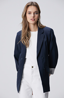 Lacivert Açık Kruvaze Kol Ucu Desen Astarlı Ceket