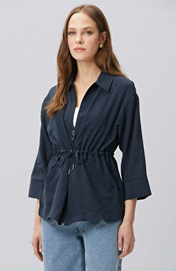 Lacivert Açık Kruvaze Kol Ucu Desenli Ceket