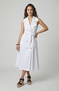 Beyaz Kemer Tokalı Kruvaze Elbise