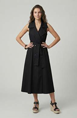 Siyah Kemer Tokalı Kruvaze Elbise