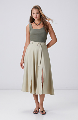 Açık Haki Çift Yırtmaçlı Midi Etek