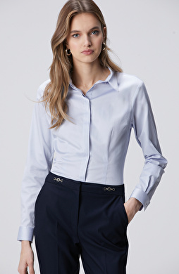 Açık Mavi Pamuk Saten Basic Gömlek