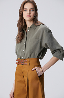 Haki Cep Detaylı Basic Keten Karışımlı Gömlek