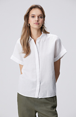 Beyaz Kısa Kollu Keten Mix Gömlek