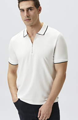 Kırık Beyaz Polo Yaka Pike Desen T-shirt