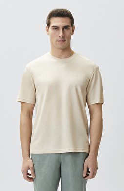 Comfort Fit Bej Bisiklet Yaka T-shirt