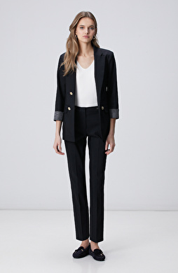 Siyah Dar Paça Beli Metal Aksesuarlı Pantolon