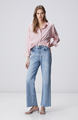 Açık Mavi Wide Leg Kesik Paça Denim Pantolon