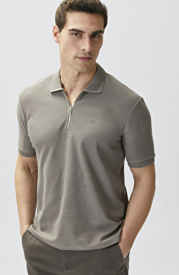 Vizon Fermuarlı Polo Yaka Jakarlı T-shirt