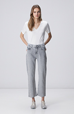 Açık Gri Kesik Paça Taş Baskılı Denim Pantolon