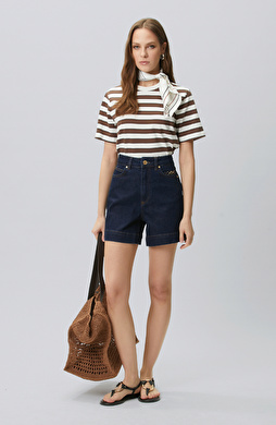 Lacivert Raw Yıkama Kısa Denim Şort