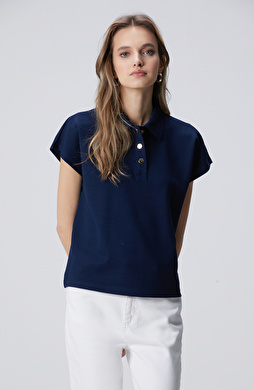 Lacivert Polo Yaka Çıtçıt Detaylı Kısa Kol Sweatshirt