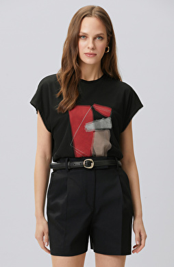 Siyah Tül Garnili Baskılı T-shirt