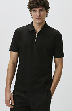 Slim Fit Black Polo Neck Jacquard Pique T-shirt