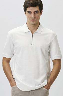 Slim Fit White Polo Neck Jacquard Pique T-shirt