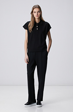 Siyah Beli Lastikli Nervürlü Boru Paça Eşofman Alt