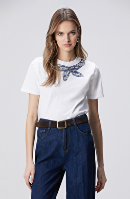 Beyaz Yaka Şal Desen Baskılı T-shirt