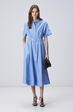 Mavi Beyaz Çizgili Desenli Midi Elbise