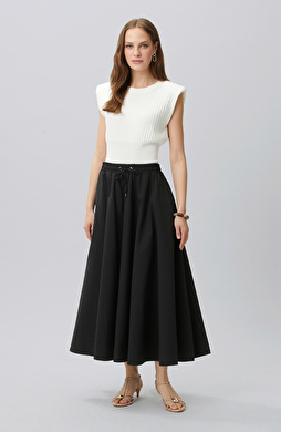 Black Elastic Waist Cord Tie Skirt