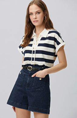 Navy Blue White Striped Lace-up Polo T-shirt