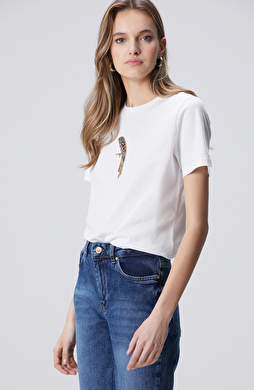 Beyaz Taşlı Papağan Figürlü T-shirt