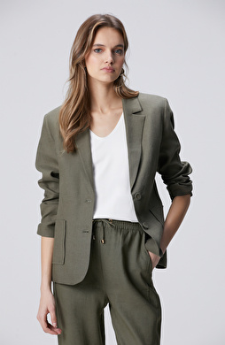 Haki Cep Detaylı Keten Ceket