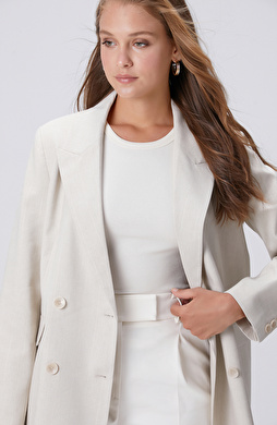 Naturel Çizgili Simli Keten Karışım Kruvaze Ceket