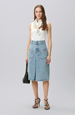 Light Indigo Blue Pleated Detailed Denim Skirt