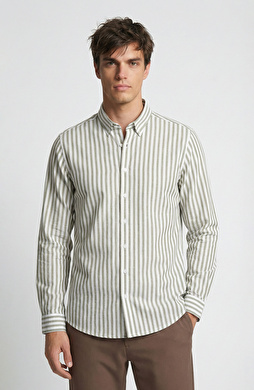 Slim Fit Khaki Striped Patterned Linen Shirt