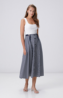 Lacivert Kırık Beyaz Çizgi Desenli Midi Etek
