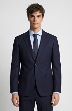 Lacivert Kazayağı Desen Yün Karışımlı Takım Elbise