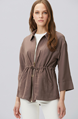 Kahverengi Beli Büzgülü Fermuarlı Astarsız Ceket