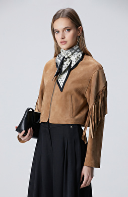 Camel Tasseled Suede Leather Jacket